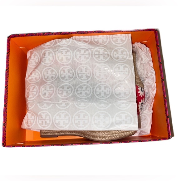 Tory Burch Dory Nantucket Red Navy Sea White Primrose Peep Toe Espadrille Wedges - Picture 14 of 15